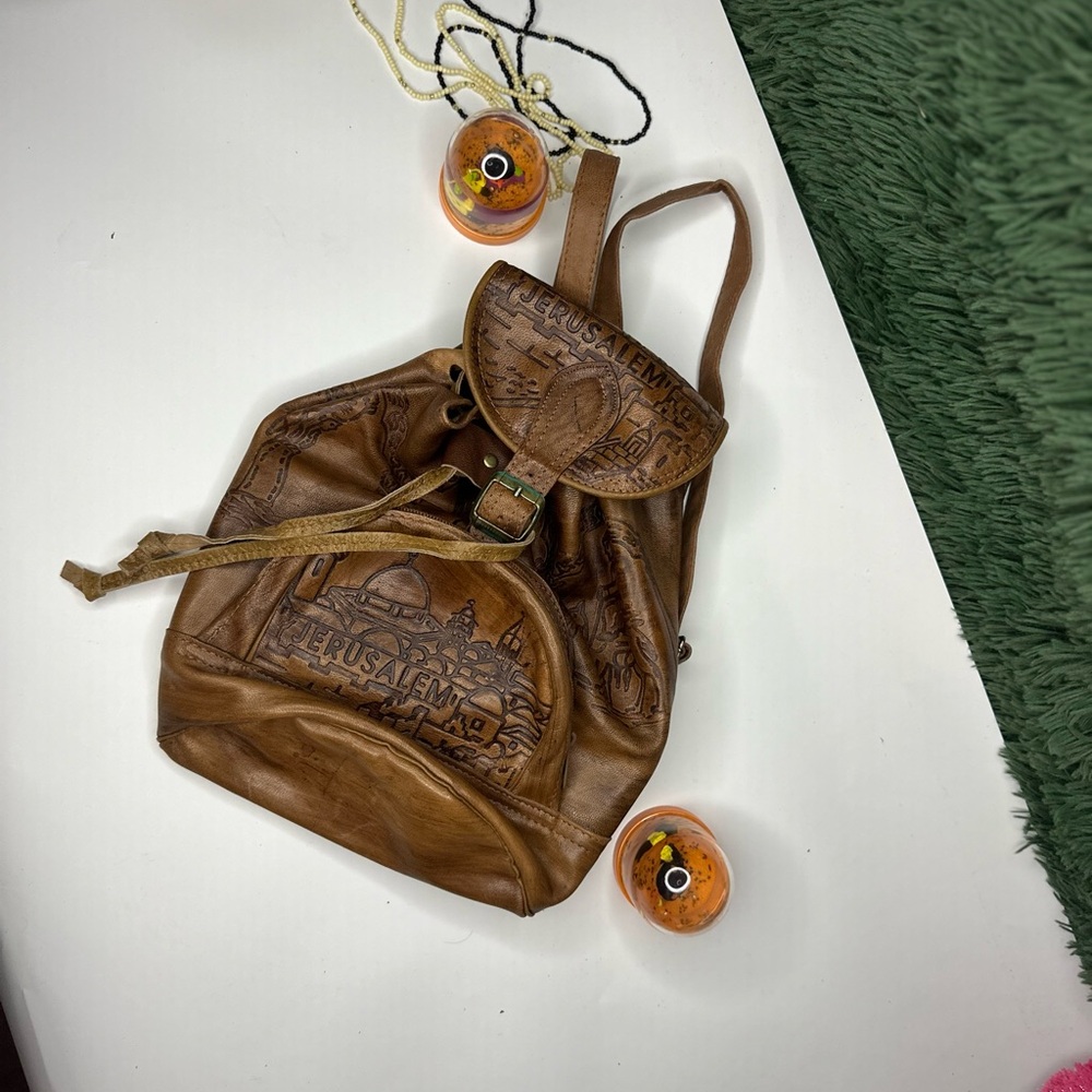 Embossed Leather Backpack With Jerusalem Design - image 2